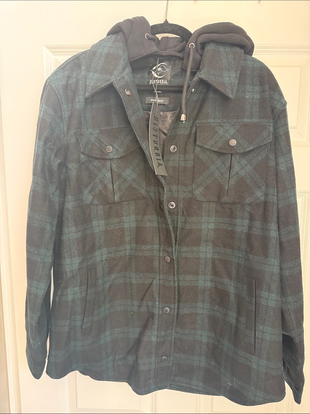 Disturbia Black & Teal Plaid Hooded Shirt Jacket